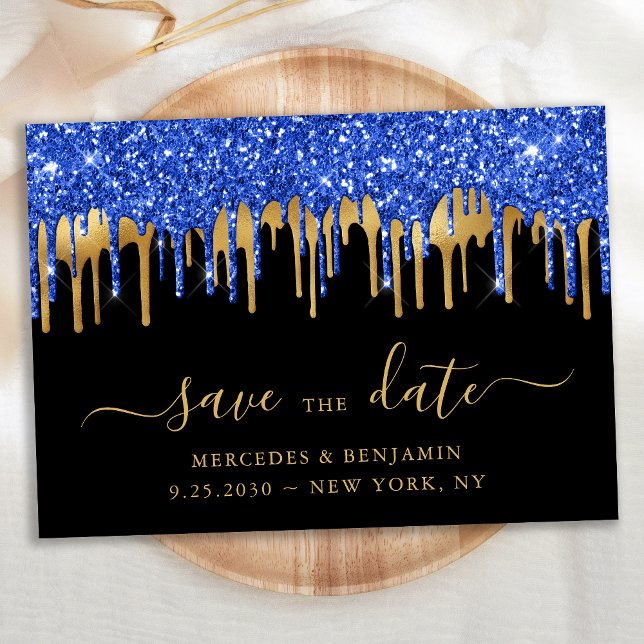 Eleganter Blue Black Gold Glitzer Tropfen Hochzeit Save The Date (Von Creator hochgeladen)
