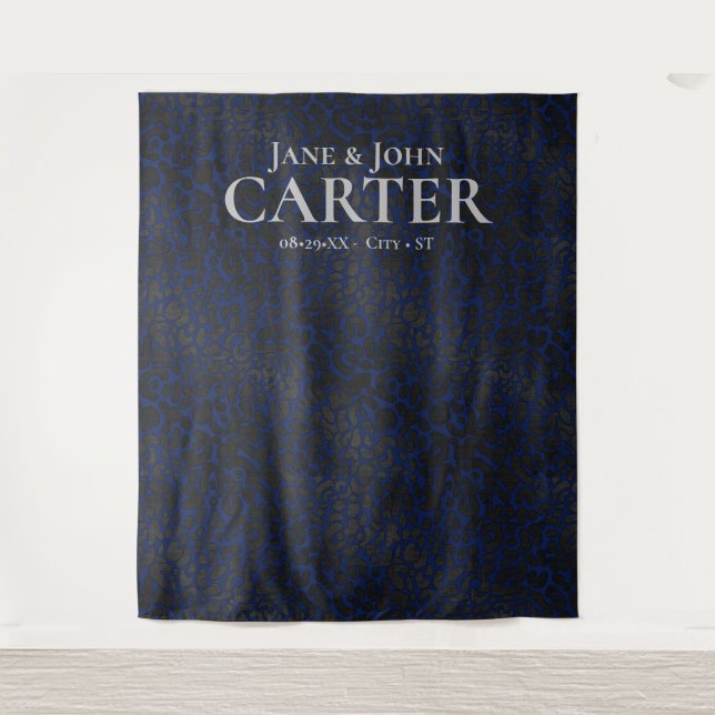 Eleganter Blue Black Leopard Print Wedding Hinterg Wandteppich (Vorderseite)