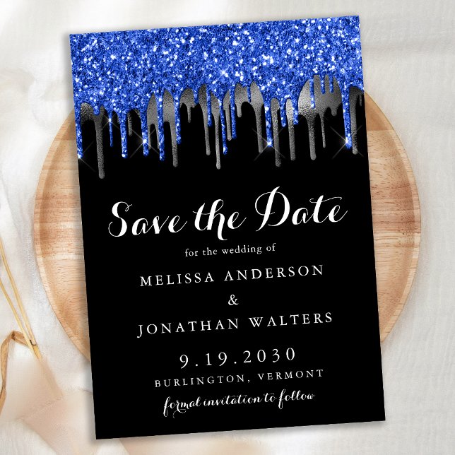 Eleganter Blue Black Silver Glitzer Tropfens Hochz Save The Date (Von Creator hochgeladen)