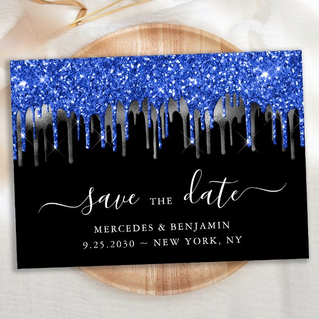 Eleganter Blue Black Silver Glitzer Tropfens Hochz Save The Date (Von Creator hochgeladen)