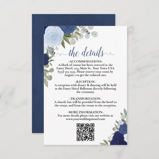 Eleganter Blue Boho Rose Hochzeitdetails QR-Code Begleitkarte (Vorne/Hinten)