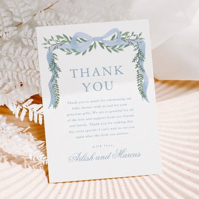Eleganter Blue Bow mit Greenery Boy Baby Shower Dankeskarte (Elegant blue bow greenery baby shower thank you cards.)