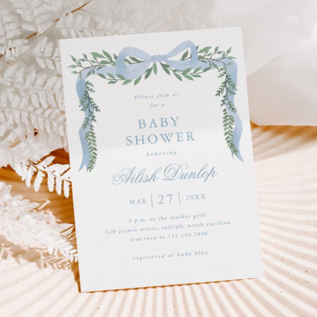 Eleganter Blue Bow mit Greenery Boy Baby Shower Einladung (Elegant Blue Bow Greenery Boy Baby Shower Invitation.)