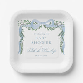Eleganter Blue Bow mit Greenery Boy Baby Shower Pappteller