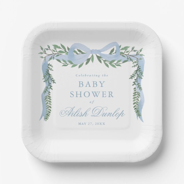 Eleganter Blue Bow mit Greenery Boy Baby Shower Pappteller (Vorderseite)
