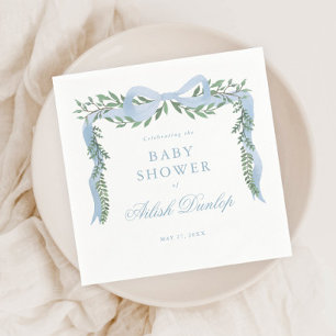 Eleganter Blue Bow mit Greenery Boy Baby Shower Serviette