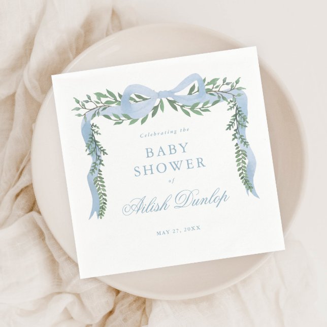 Eleganter Blue Bow mit Greenery Boy Baby Shower Serviette (Elegant blue bow greenery baby shower napkins.
)