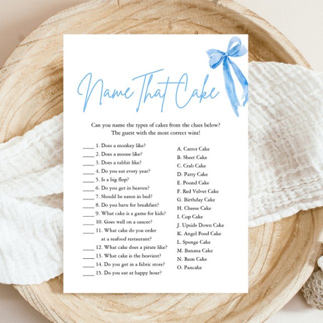 Eleganter Blue Bow Name, das Cake Brautparty Game Einladung (Modern Elegant Watercolor Blue Bow Name That Cake Bridal Shower Game)
