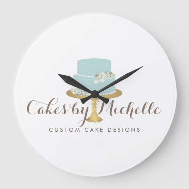 Eleganter Blue Cake mit floraler Cake Decoration Große Wanduhr (Vorderseite)