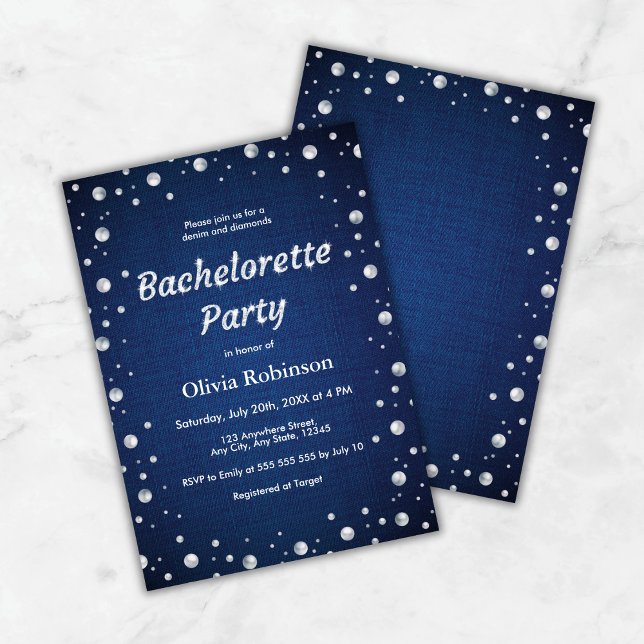 Eleganter Blue Denim and Diamonds Junggeselinnen-A Einladung (Elegant Blue Denim and Diamonds Bachelorette Party Invitation )