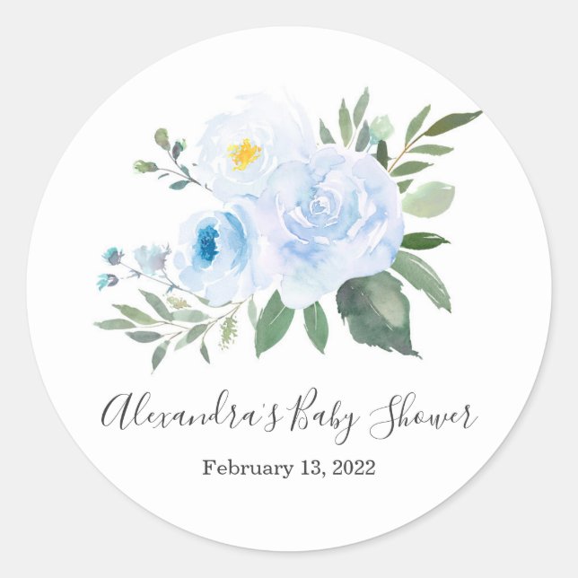 Eleganter Blue Floral Baby Shower Sticker (Vorderseite)