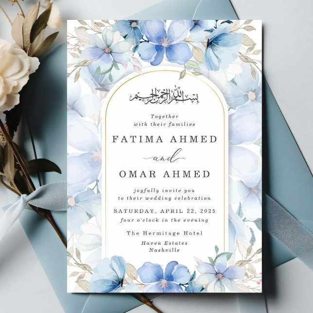 Eleganter Blue Floral Garden Islamische Hochzeit Einladung (Von Creator hochgeladen)