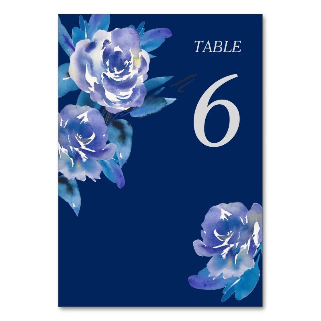 Eleganter Blue Floral Silver Wedding Table Tischnummer (Vorderseite)