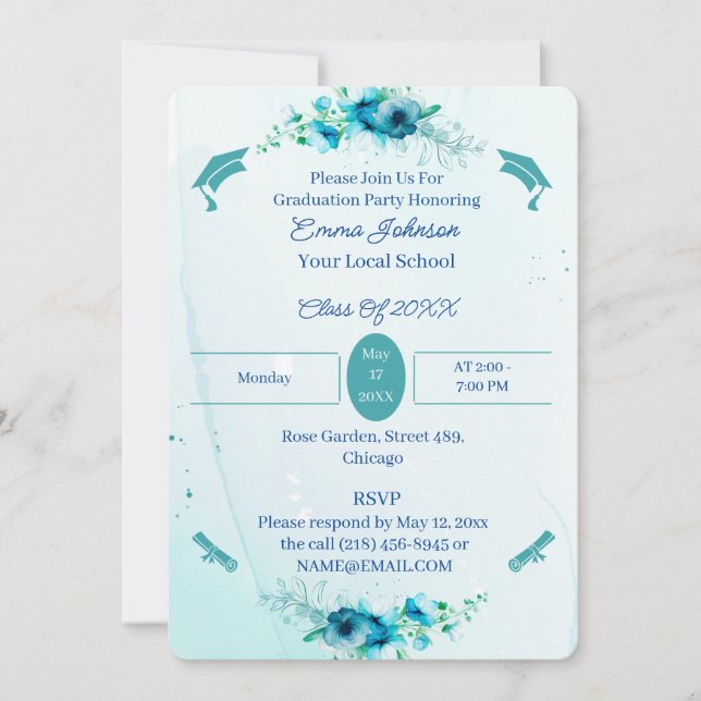 Eleganter Blue Flowers Custom Abschluss Einladung (Vorderseite)