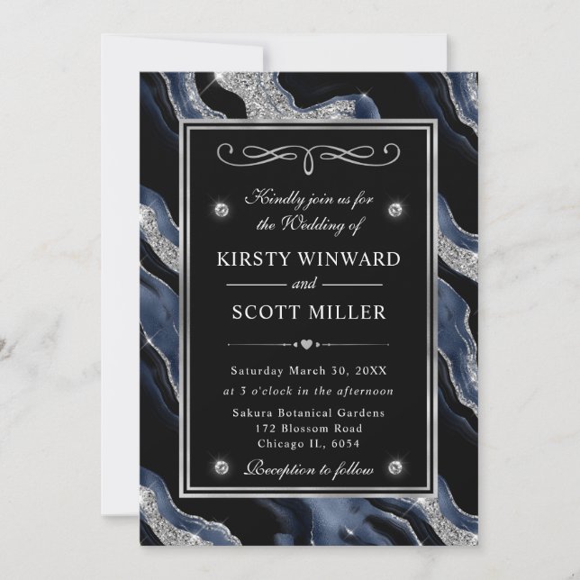 Eleganter Blue Foil & Silver Glitzer Agate Wedding Einladung (Vorderseite)