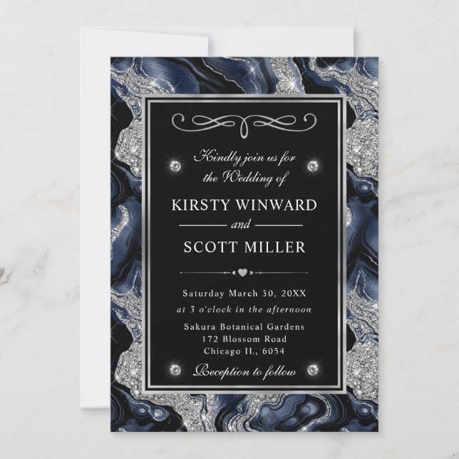 Eleganter Blue Foil & Silver Glitzer Agate Wedding Einladung (Vorderseite)