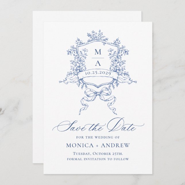 Eleganter Blue French Garden Blume Hochzeit QR-Cod Save The Date (Vorne/Hinten)