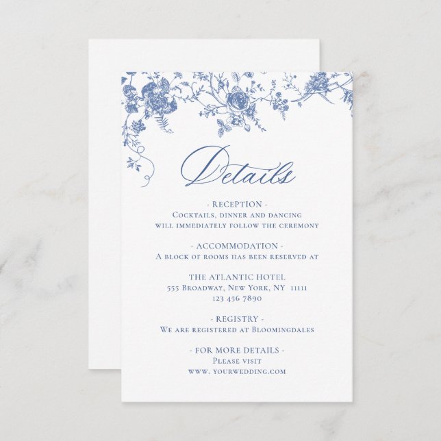 Eleganter Blue French Garden Blumenzettel Begleitkarte (Vorne/Hinten)