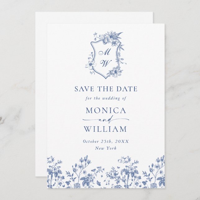 Eleganter Blue French Garden Floral Wedding QR Cod Save The Date (Vorne/Hinten)