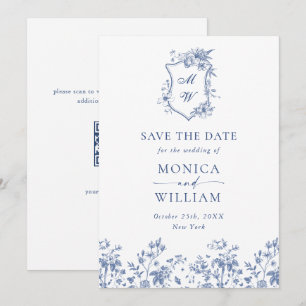 Eleganter Blue French Garden Floral Wedding QR Cod Save The Date