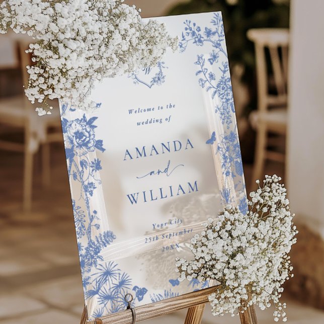 Eleganter Blue French Garden Floral Wedding Willko Acrylschild (Von Creator hochgeladen)