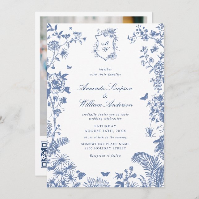 Eleganter Blue French Garden Wedding Foto QR Code Einladung (Vorne/Hinten)
