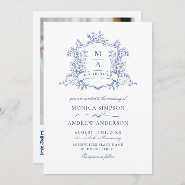 Eleganter Blue French Garden Wedding Foto QR Code Einladung (Vorne/Hinten)