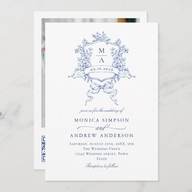 Eleganter Blue French Garden Wedding Foto QR Code Einladung (Vorne/Hinten)