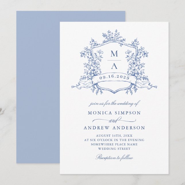 Eleganter Blue French Garden Wedding QR Code Einladung (Vorne/Hinten)