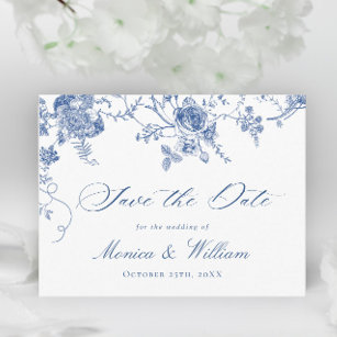 Eleganter Blue French Garden Wedding Save the Date Postkarte