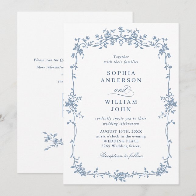 Eleganter Blue French Rose Garden Wedding QR Code Einladung (Vorne/Hinten)