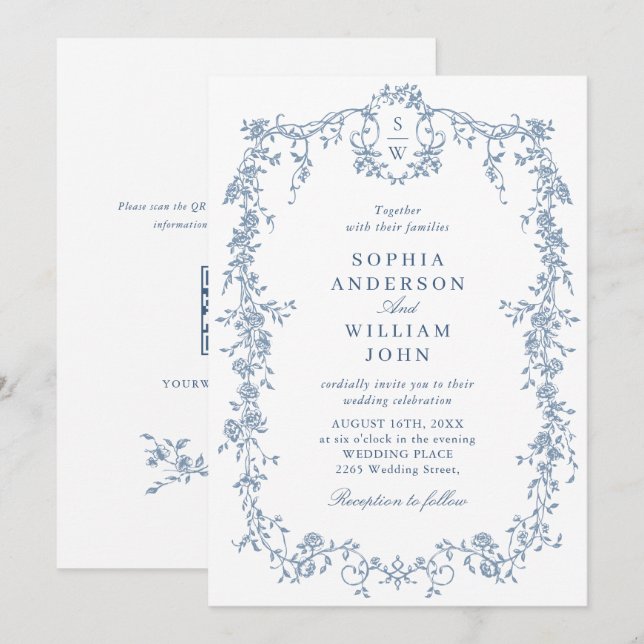Eleganter Blue French Rose Garden Wedding QR Code Einladung (Vorne/Hinten)