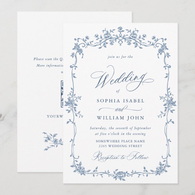 Eleganter Blue French Rose Garden Wedding QR Code Einladung (Vorne/Hinten)