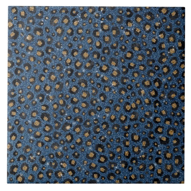 Eleganter Blue Glitzer Black Gold Leopard Print Fliese (Vorderseite)