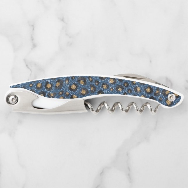 Eleganter Blue Glitzer Black Gold Leopard Print Kellnermesser (Vorderseite)