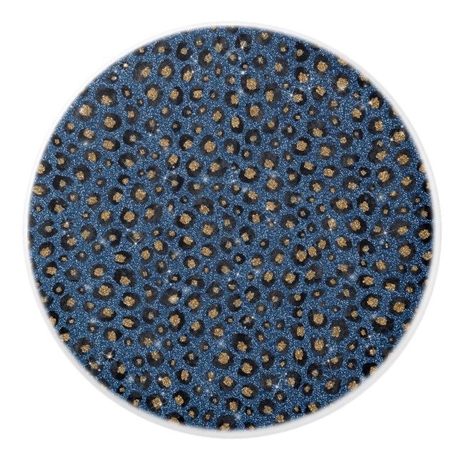 Eleganter Blue Glitzer Black Gold Leopard Print Keramikknauf (Vorderseite)