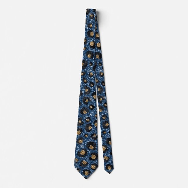 Eleganter Blue Glitzer Black Gold Leopard Print Krawatte (Vorderseite)