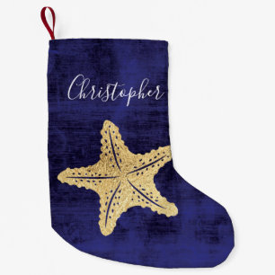 Eleganter Blue Gold Beach Sea Star Mit Monogramm Kleiner Weihnachtsstrumpf