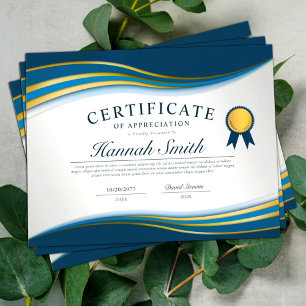 Eleganter Blue & Gold Beruflich Certificate Award