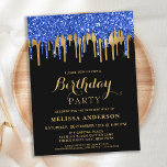 Eleganter Blue Gold Black Glitzer Tropfen Geburtst Einladungspostkarte<br><div class="desc">Laden Sie Freunde und Familie zu Ihrer Geburtstagsfeier mit diesen eleganten Tropfen in Blau, Gold und Schwarz Glitzer ein, um Geburtstagsfeiern und Party zu genießen. Diese blauen und schwarzen Einladungen sind auch perfekt für die Rente- und Abschlussfeiern und Feiern, ändern Sie einfach die Veranstaltung in Personalisierung Registerkarte. Dieses blaue und...</div>