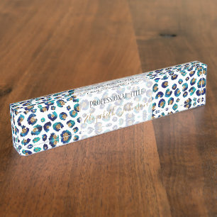 Eleganter Blue Gold Glitzer Leopard Animal Print Namensplakette