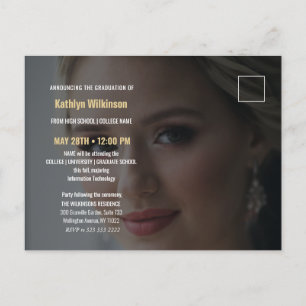 Eleganter Blue Gold Glitzer Script Foto Abschluss Ankündigungspostkarte