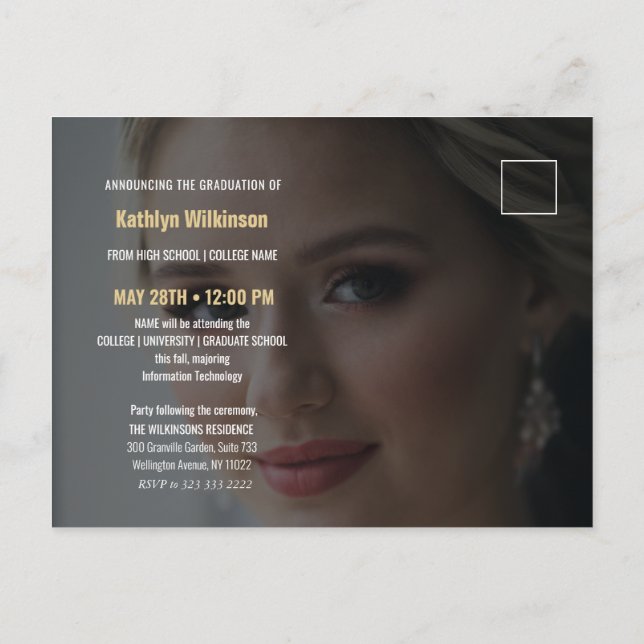 Eleganter Blue Gold Glitzer Script Foto Abschluss Ankündigungspostkarte (Rückseite)