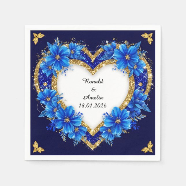 Eleganter Blue-Gold-Heart-Rahmen Serviette (Vorderseite)
