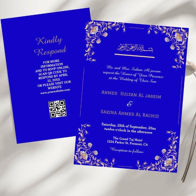 Eleganter Blue Gold Islamic Wedding qr Code Einladung (Von Creator hochgeladen)