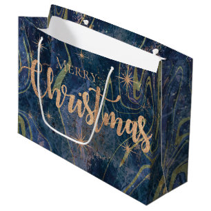 Eleganter Blue Gold Marmoreffekt Frohe Weihnachten Große Geschenktüte