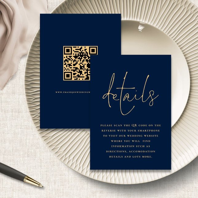 Eleganter Blue Gold QR Code Hochzeitdetails Begleitkarte (front and back view)