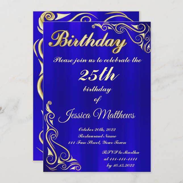 Eleganter Blue-Gold Typografie Custom Birthday Einladung (Vorne/Hinten)
