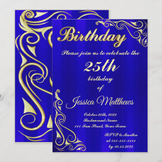 Eleganter Blue-Gold Typografie Custom Birthday Einladung