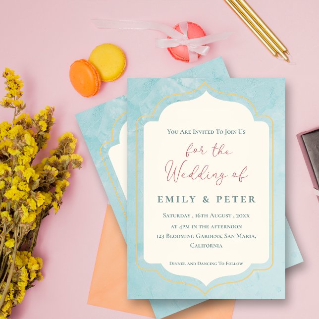 Eleganter Blue Golden Frame Minimalistische Hochze Einladung (Elegant Blue Golden Frame Minimalist Wedding Invitation)